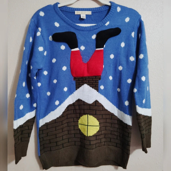 Santa’s Stuck Down The Chimney Tonight Ugly Christmas Sweater Size Small - Picture 1 of 3